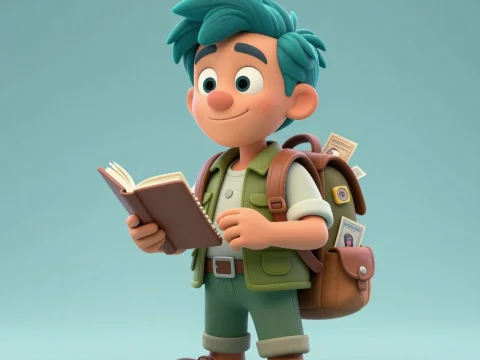 Curious Explorer Boy Reading a Book with Backpack