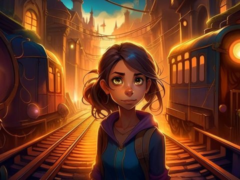 Curious Girl Standing Between Trains in Warm Sunset