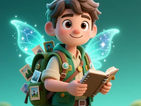 Curious Memory Explorer with Magical Wings Reading a Journal