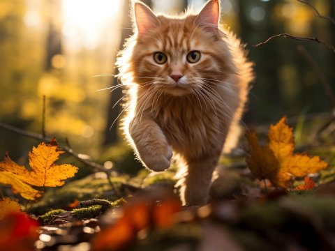 Curious Orange Cat Walking Through Autumn Forest