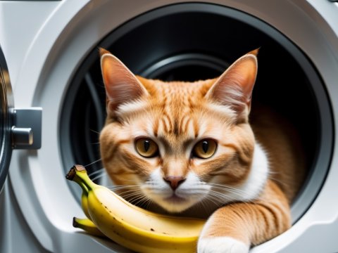Curious Orange Tabby Cat in Washing Machine with Bananas