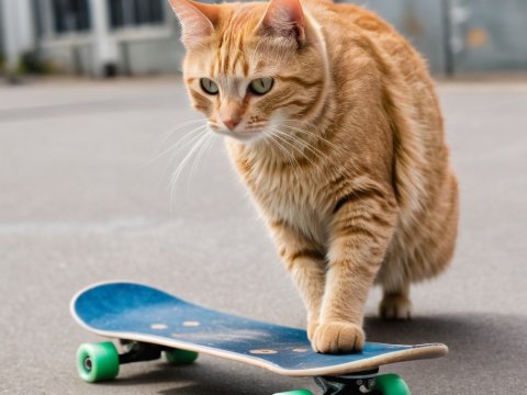 Curious Orange Tabby Cat on Skateboard
