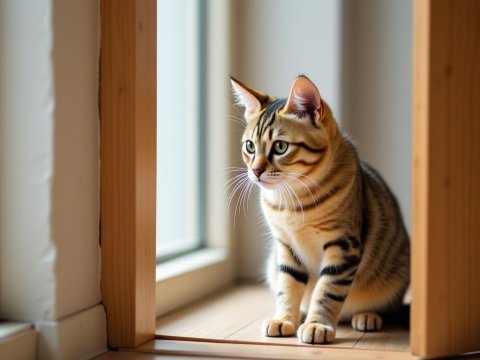 Curious Tabby Cat Sitting by Window in Cozy Home