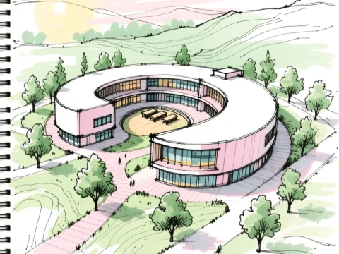 Curved Modern Education Center Architectural Sketch