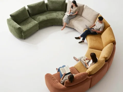 Curved Multicolor Sectional Sofa with People Reading and Working
