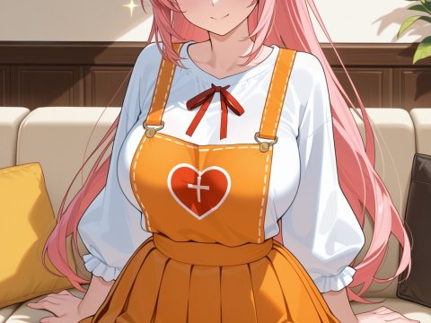 Curvy Anime Girl with Pink Hair in Orange Dress Sitting on Sofa