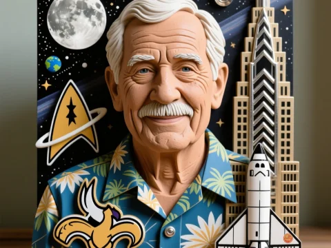 Custom Clay Sculpture of Elderly Man with Space and Architecture Elements