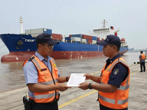 Customs Officers Inspecting Documents at Shipping Port