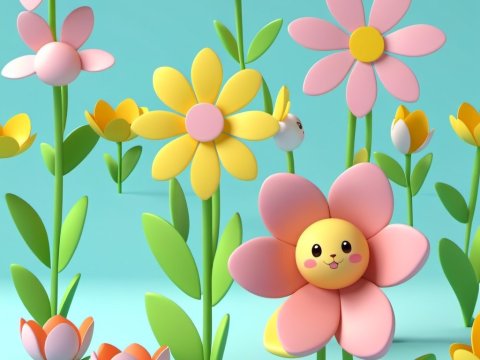 Cute 3D Cartoon Flowers with Smiling Faces