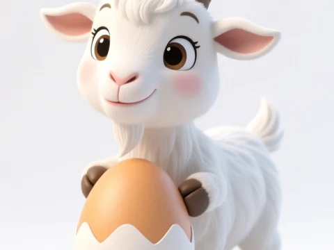 Cute 3D Cartoon Goat Holding a Large Egg
