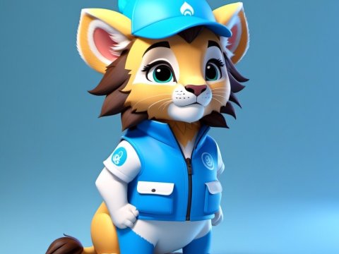 Cute 3D Cartoon Lion Cub in Blue Outfit and Cap