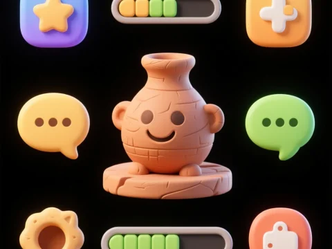 Cute 3D Game UI Elements with Smiling Pottery Character