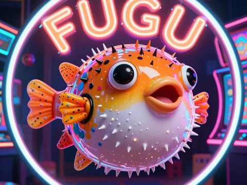 Cute 3D Rendered Pufferfish Casino Avatar with Neon Sign
