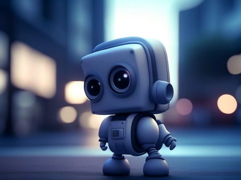 Cute 3D Robot Mascot with Big Eyes in Urban Night Scene