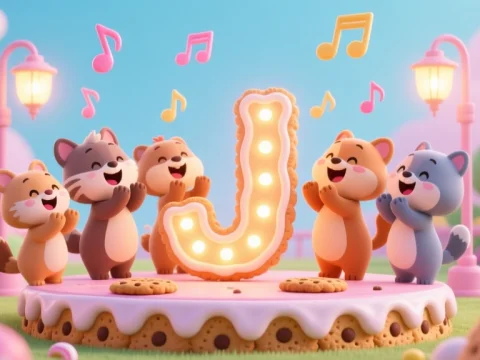 Cute Animals Celebrating Around a Lighted J Cookie
