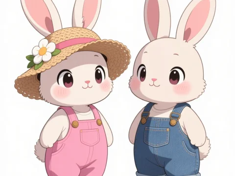 Cute Anime Bunnies in Overalls and Straw Hat