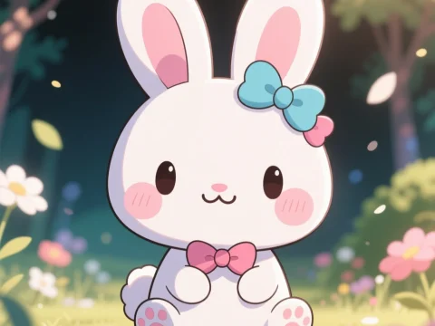 Cute Anime Bunny Mascot with Bows in a Flower Garden