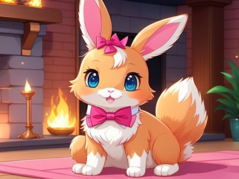 Cute Anime Bunny with Pink Bow by Fireplace