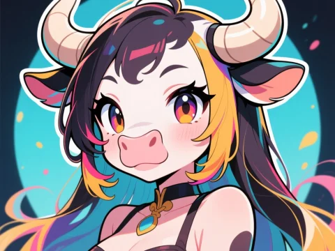 Cute Anime Cow Girl with Colorful Hair and Horns