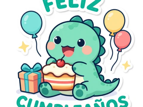 Cute Anime Dinosaur Celebrating Birthday with Cake and Balloons