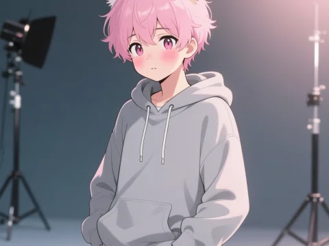 Cute Anime Femboy with Pink Hair and Cat Ears in Hoodie