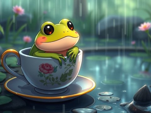 Cute Anime Frog Sitting in a Teacup in the Rain