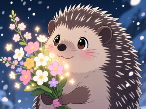 Cute Anime Hedgehog Holding Magical Flowers in Snow