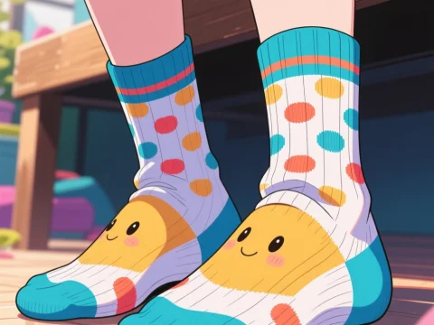 Cute Anime Socks with Smiling Faces and Polka Dots