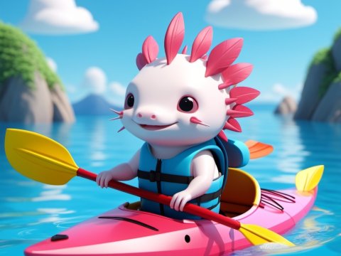 Cute Axolotl Kayaking on a Sunny Day