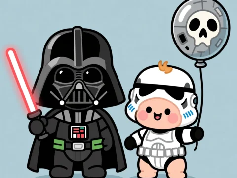 Cute Baby Darth Vader and Stormtrooper with Balloon