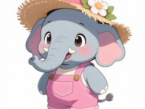 Cute Baby Elephant in Pink Overalls and Straw Hat