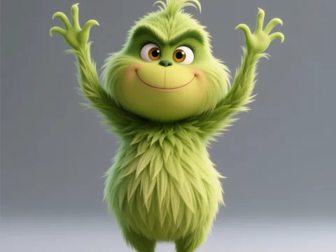 Cute Baby Grinch Character with Raised Arms