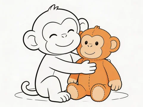 Cute Baby Monkey Hugging a Stuffed Monkey Toy
