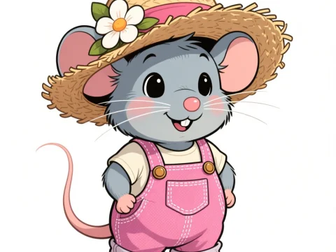 Cute Baby Mouse in Pink Overalls and Straw Hat