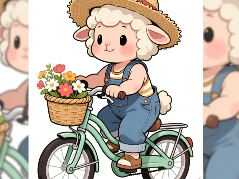 Cute Baby Sheep Riding Bicycle with Flower Basket