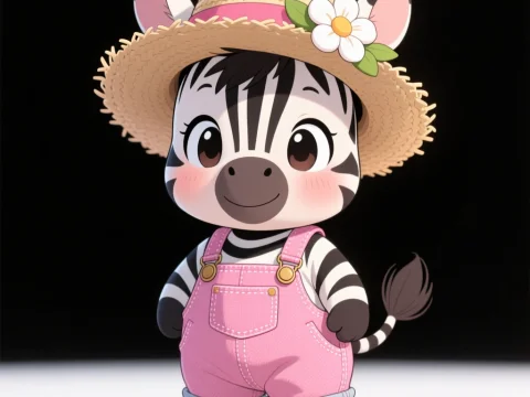 Cute Baby Zebra in Pink Overalls and Straw Hat