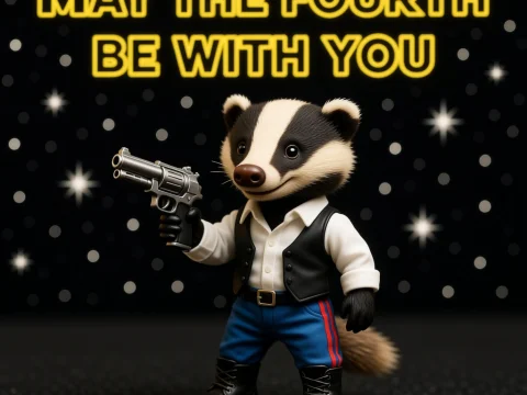Cute Badger in Space Outfit with 'May the Fourth Be With You' Text