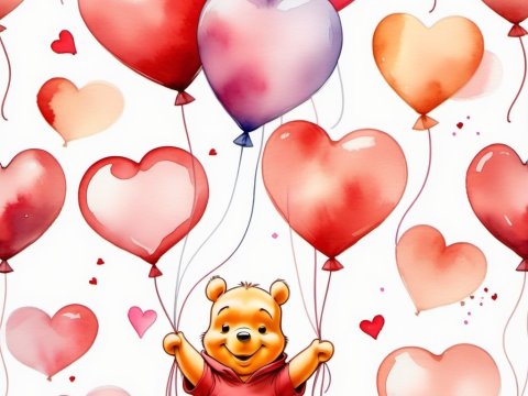 Cute Bear Holding Heart-Shaped Balloons in Watercolor Style