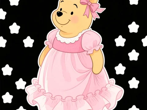 Cute Bear in Pink Dress with Starry Background