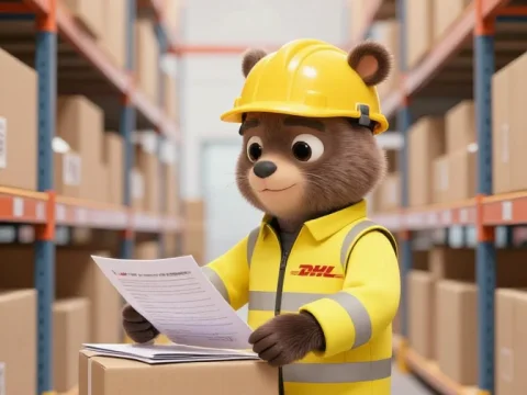 Cute Bear Worker Sorting DHL Packages in Warehouse