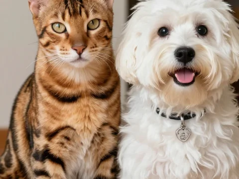 Cute Bengal Cat and Fluffy White Dog Sitting Together Indoors