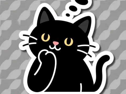 Cute Black Cat Thinking Sticker Illustration
