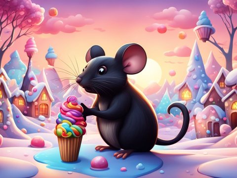 Cute Black Mouse Enjoying Colorful Cupcake in Candy Village