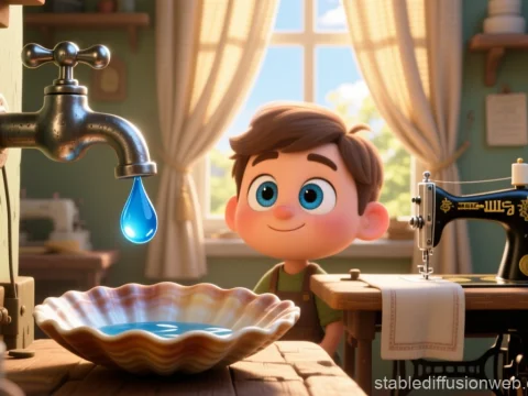 Cute Boy Watching Water Drop from Faucet in Cozy Room
