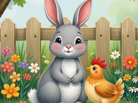 Cute Bunny and Chicken in a Colorful Garden