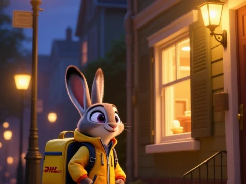 Cute Bunny Delivery in DHL Jacket at Dusk