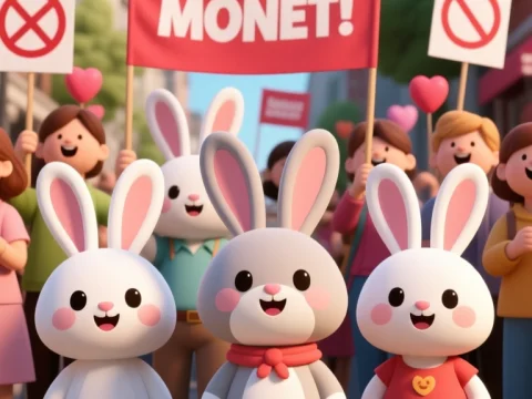 Cute Bunny Group at Feminist Protest with Red Banner