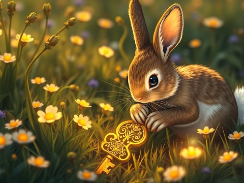 Cute Bunny Holding Ornate Golden Key in Flower Field