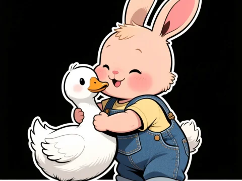 Cute Bunny Hugging a Happy Goose Illustration