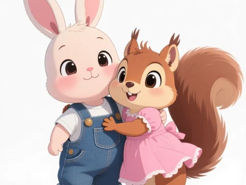 Cute Bunny Hugging Squirrel in Adorable Outfits